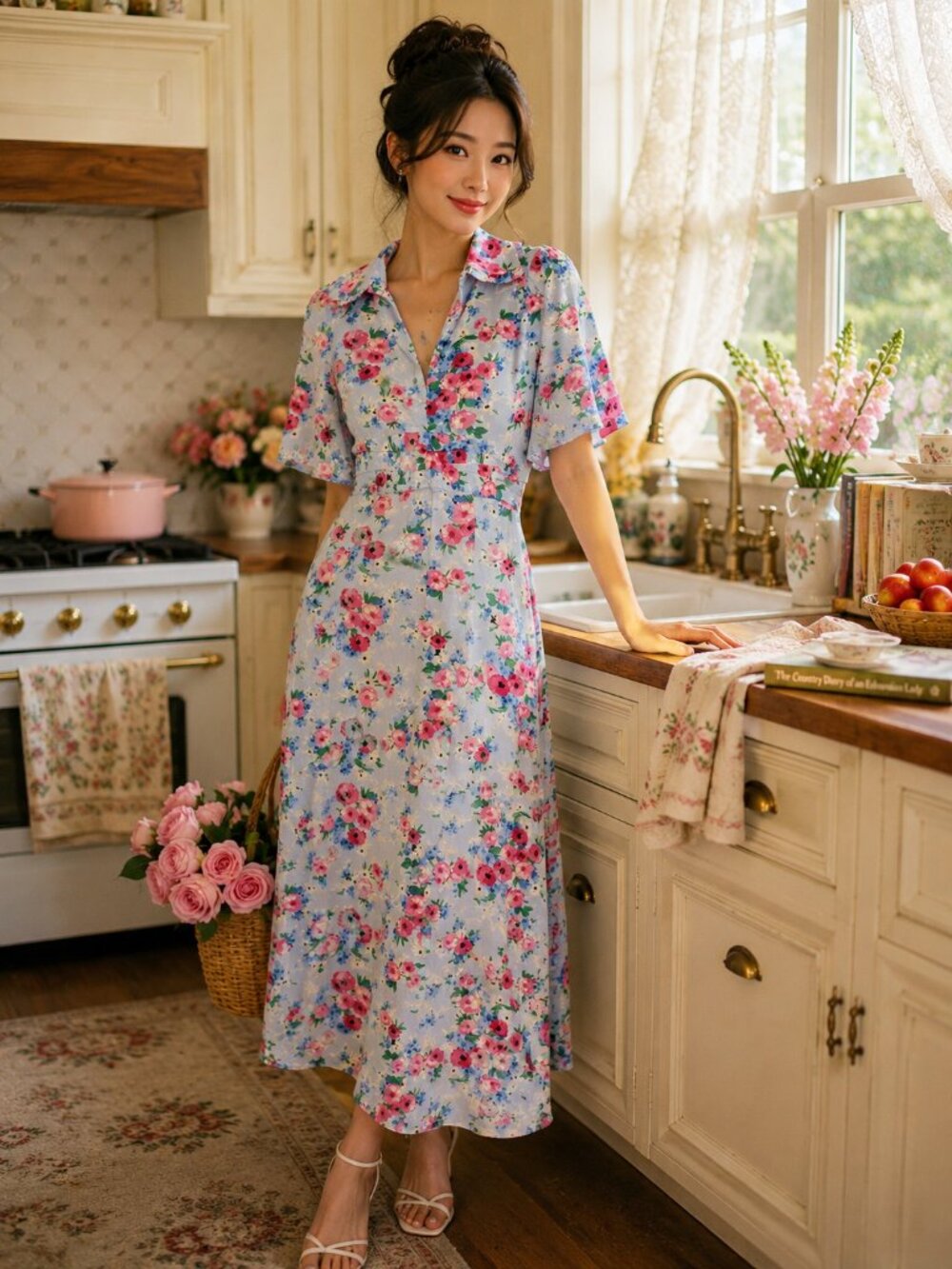 Zara Blue Floral Collared Midi Dress Size Medium Cottagecore Prairie